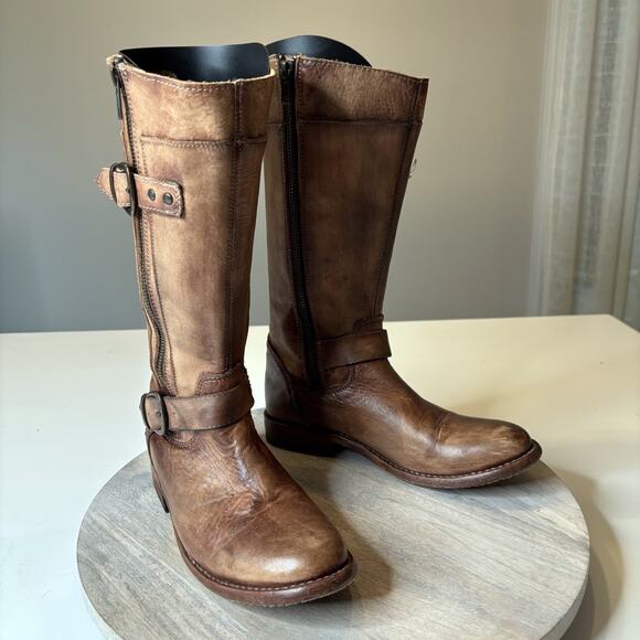 Bed Stu Tall Leather Riding Boots Brown Distressed Zip Buckle Women’s Size 8 - Picture 1 of 12